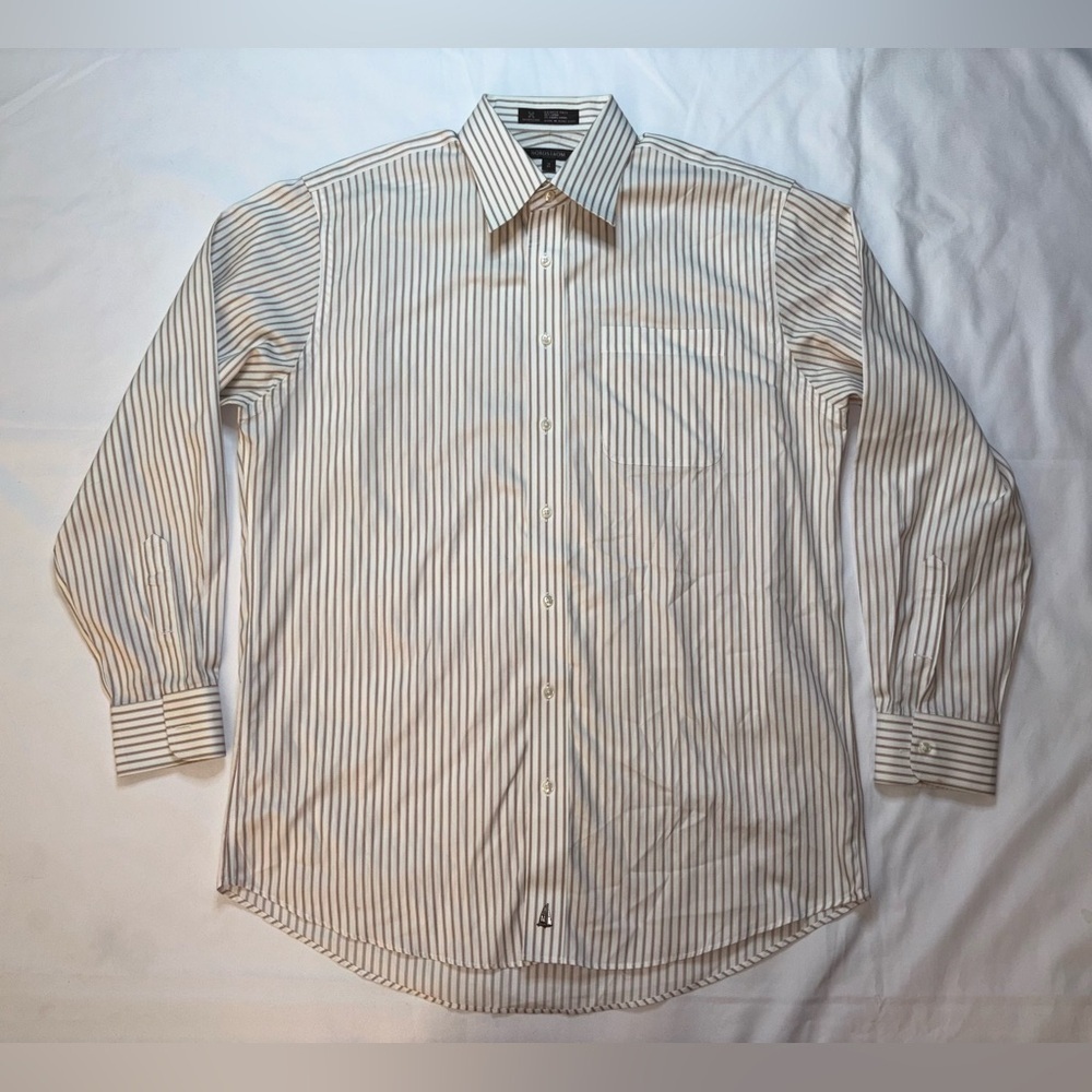 Nordstrom Men’s Size 16 34 White & Brown Stripe Business Office Dress Shirt